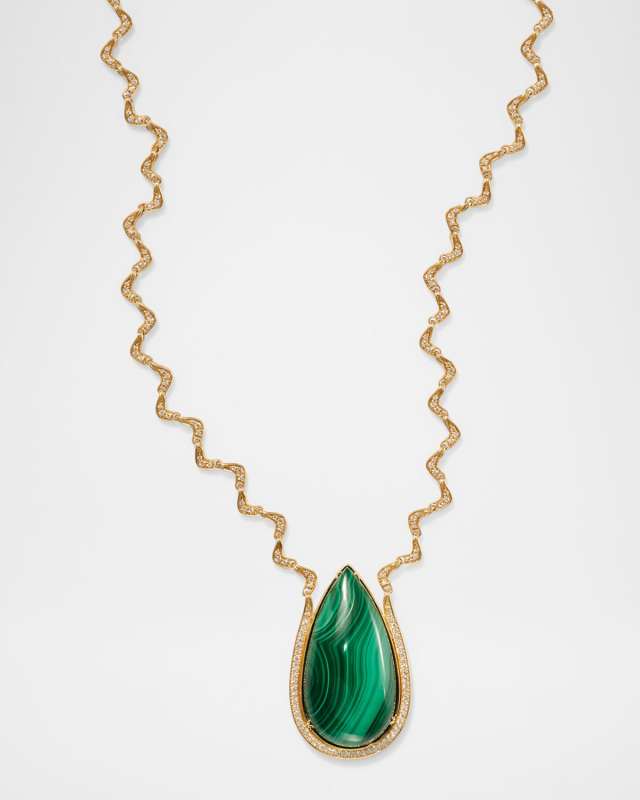 18K Yellow Gold Victoria Diamond and Malachite Pendant Necklace